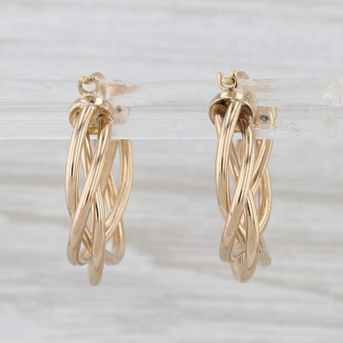 Woven Twist Hoop Earrings 18k Yellow Gold Round Hoops Snap Top Posts - Picture 3 of 6