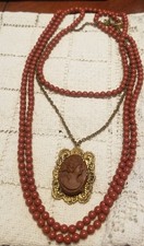 Antique Brown Carved 2"Cameo, Pendent/ Locket Necklace On Gold 24"Chain, 60"