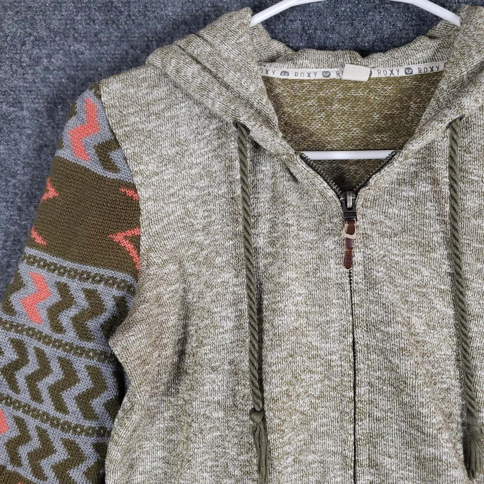 Sudadera con Capucha Roxy Para Mujer Pequeña Verde Gris Cremallera Completa Manga Azteca Codo Parche Tejido Foto 3 de 4