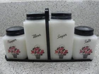 Vintage Tipp City Milk Glass Range Set with Metal Rack Red Flowers Basket!
