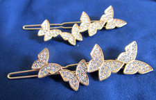 PAIR Butterflies Goldtone Sparkle tiny rhinestones Barrettes Hair clips USA NIP