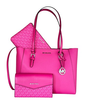MICHAEL KORS CHARLOTTE LARGE 3 IN 1 TOTE SHOULDER BAG + CLUTCH DRAGON FRUIT