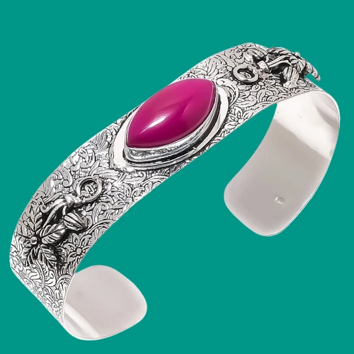 Brazalete ajustable de plata de ley 925 con piedras preciosas étnicas rubí rojo de Cachemira C1 Foto 2 de 4