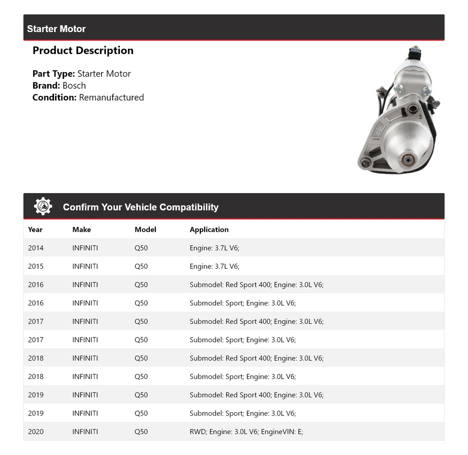 Para 2014-2020 INFINITI Q50 Bosch Starter (Remanufaturado) 2015 2016 2017 2018 - Imagem 2 de 4