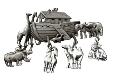NOAH'S ARK DANGLE Brooch Pin ANIMALS Signed Pewter Vintage J.J. Jonette