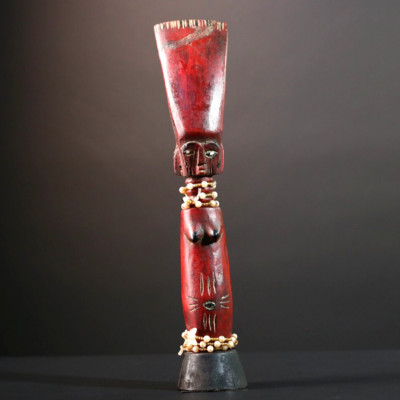 African statue female red crest tribal figure with carved details and bead-G5555