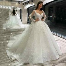 Luxury Lace Wedding Dresses Long Sleeves Beaded Applique A Line Bride Gown Train