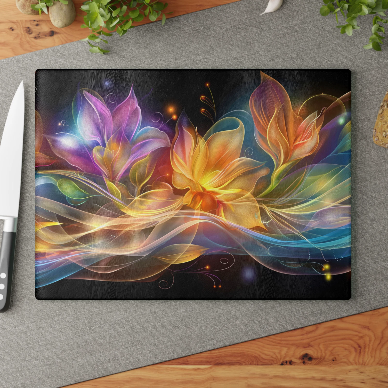 Fantasy Lilies Tampered Glass Cutting Board, Floral Cheese Charcuterie Board
