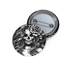 Skull Lady Pin Button, Customizable Goth Badge, Unique Punk Brooch, Personalized