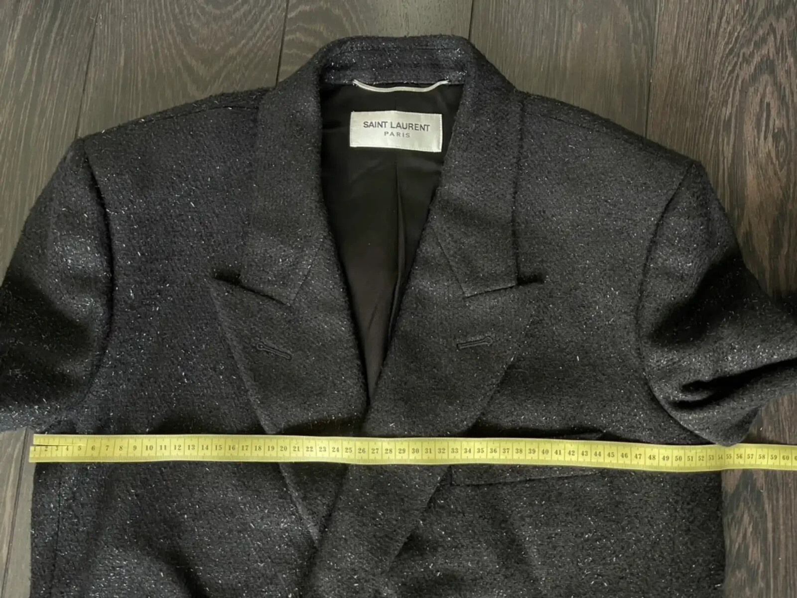 Nuovo Saint Laurent Paris autentico paillettes lurex lana nera doppio cappotto 48 medio