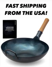 YOSUKATA Woks & Frying Pans 14" Pre-seasoned Flat Bottom Wok Blue Carbon Steel