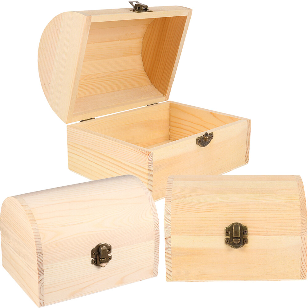 3pcs Unfinished Wooden Treasure Chest Boxes with Hinged Lid and Clasp