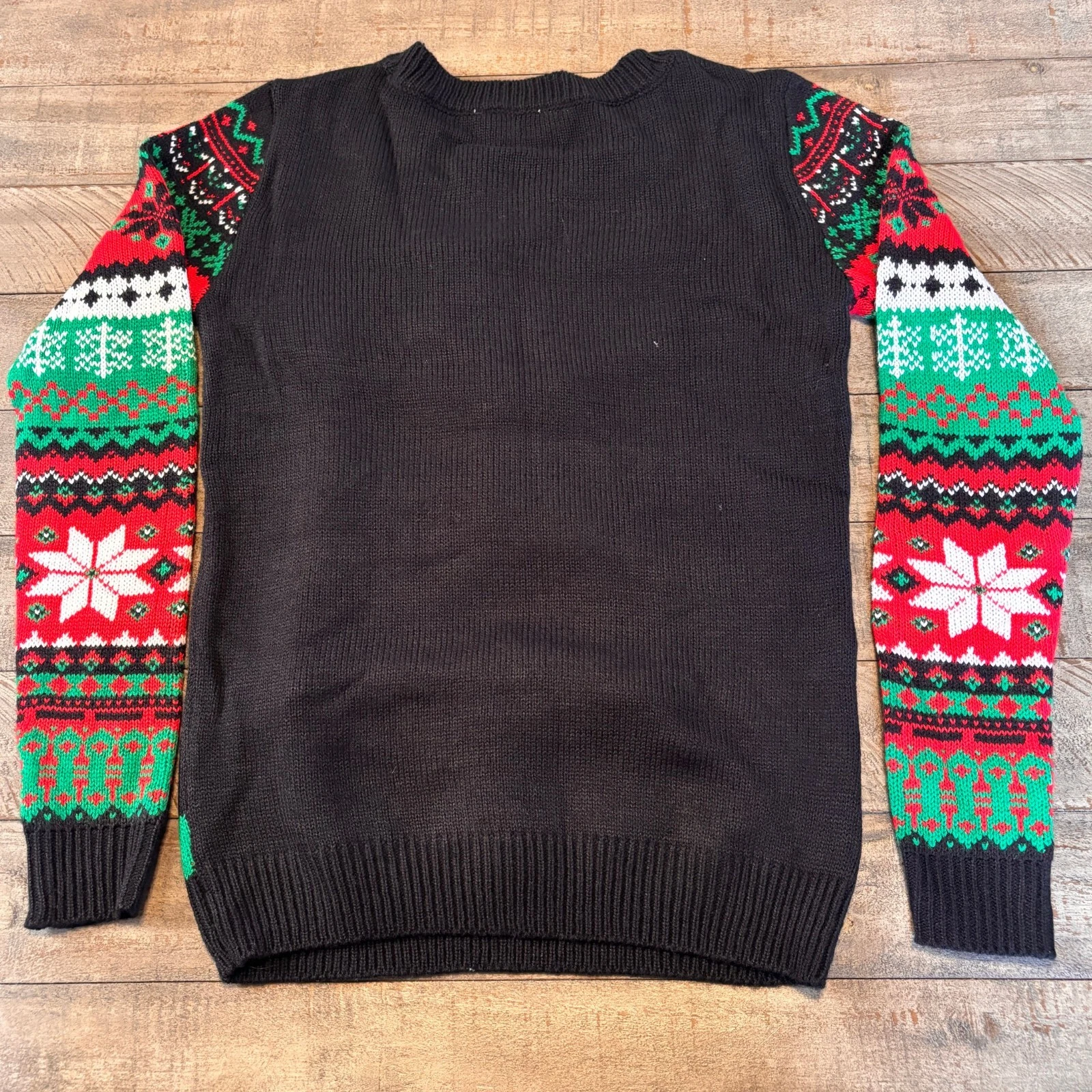 No Boundaries Black Ugly Christmas Sweater with Santa Claus Tree Tinsel Size S