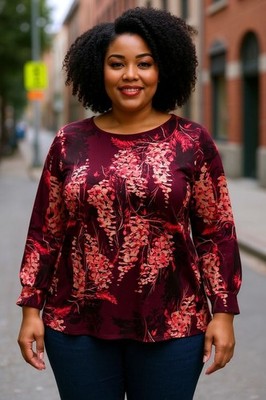 Susan Graver Liquid Knit Plus Size  2X Floral Print Chiffon Sleeve Top Casual