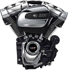 Black Harley M8 engine with “107” pistons, silver fins, and American flag points/timing cover.