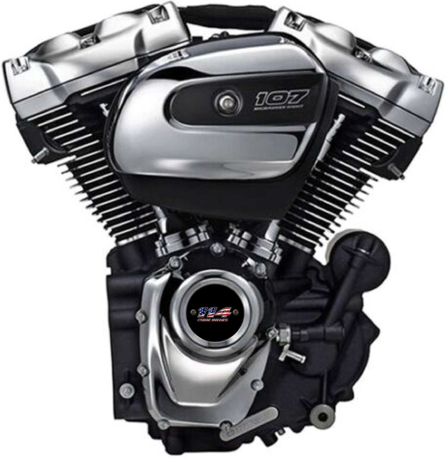 Black Harley M8 engine with “107” pistons, silver fins, and American flag points/timing cover.