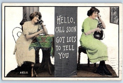 1913 Two Women Talking On Phone Call Soon Got Lots To Tell You Antique Postcard