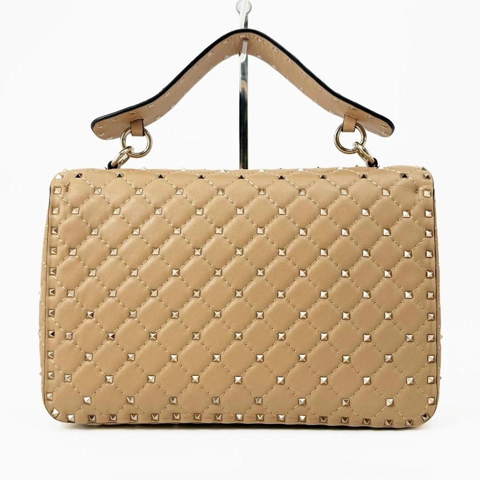 Bolso de Mano VALENTINO GARAVANI Rockstud 3 Vías Cuero Acolchado Beige Usado Foto 4 de 4