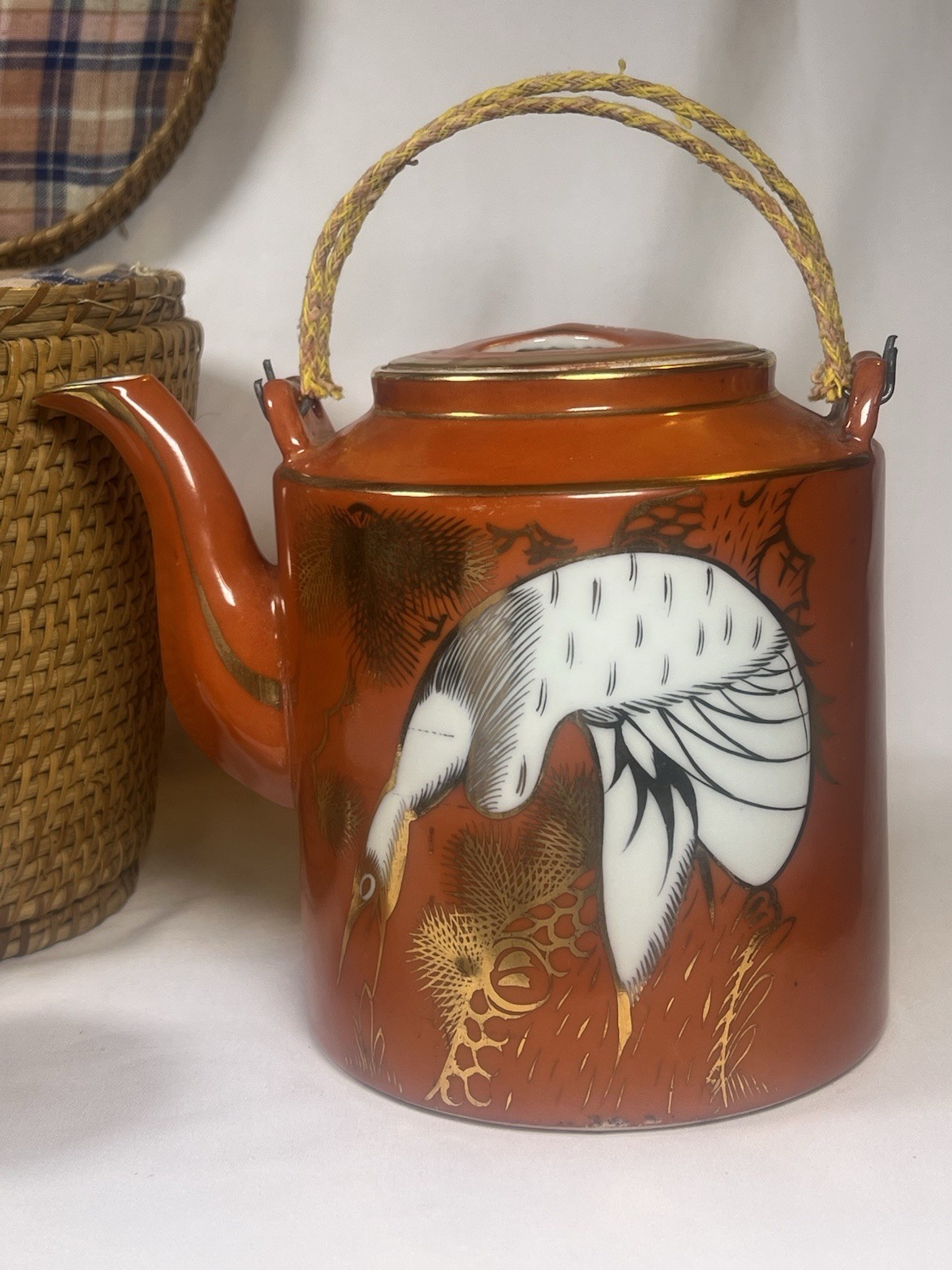 ATQ VTG Chinese Porcelain Jingdezhen Gild Crowned Crane Sand Red Glaze Tea Set