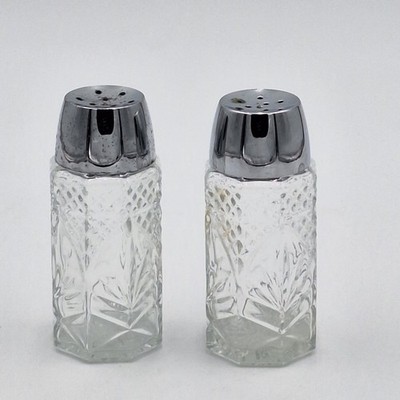 Vintage France Cut Glass Salt Pepper Shakers Large Silver Plastic Lids