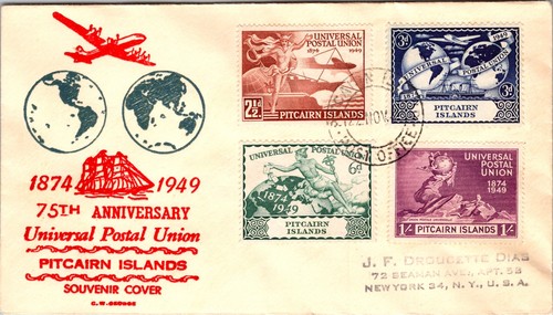 1949 Pitcairn Island Post Office UPU Souvenir Cover to New York NY USA - Picture 1 of 2