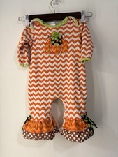 Boutique Baby Pumpkin Romper 6-9M Orange Chevron Halloween Fall Ruffle