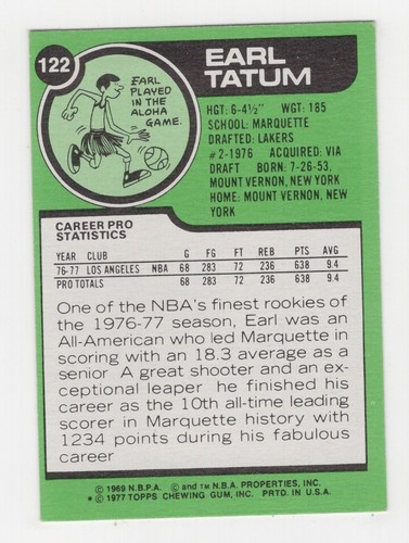 1977-78 TOPPS BASKETBALL EARL TATUM LOS ANGELES LAKERS #122 - Picture 2 of 2