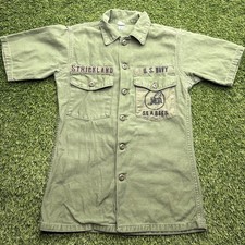 Vintage 70s OG 107 Sateen Seabees Shirt Mens 15.5 x 33 Green Military USA