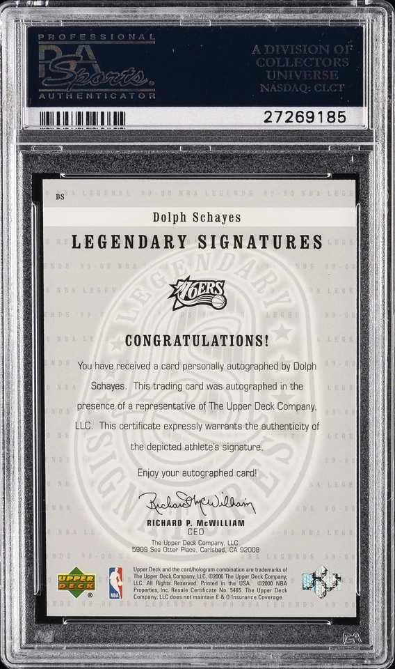 1999 UD LEGENDS LEGEND SIGNATURES #DS DOLPH SCHAYES PSA 8 AUTO 9 - Image 2 of 2