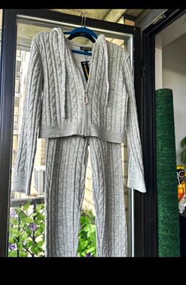 LOVE SENSE Gray Cable Knit 2pc Set Hooded Zip Hoodie & Drawstring Pants L