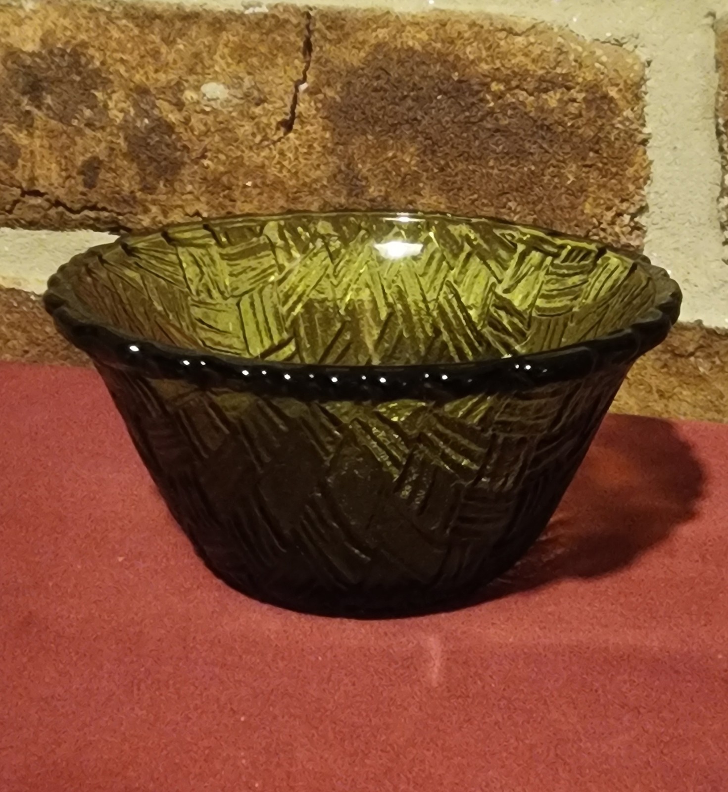 Vintage Indiana Glass Basket Weave Small Avocado Green Dip Bowl