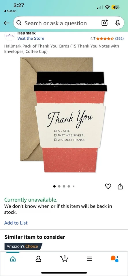 JUEGO DE 15 tarjetas de nota en blanco de agradecimiento con sello: café con leche That’s Sweet Life NUEVO Foto 4 de 4