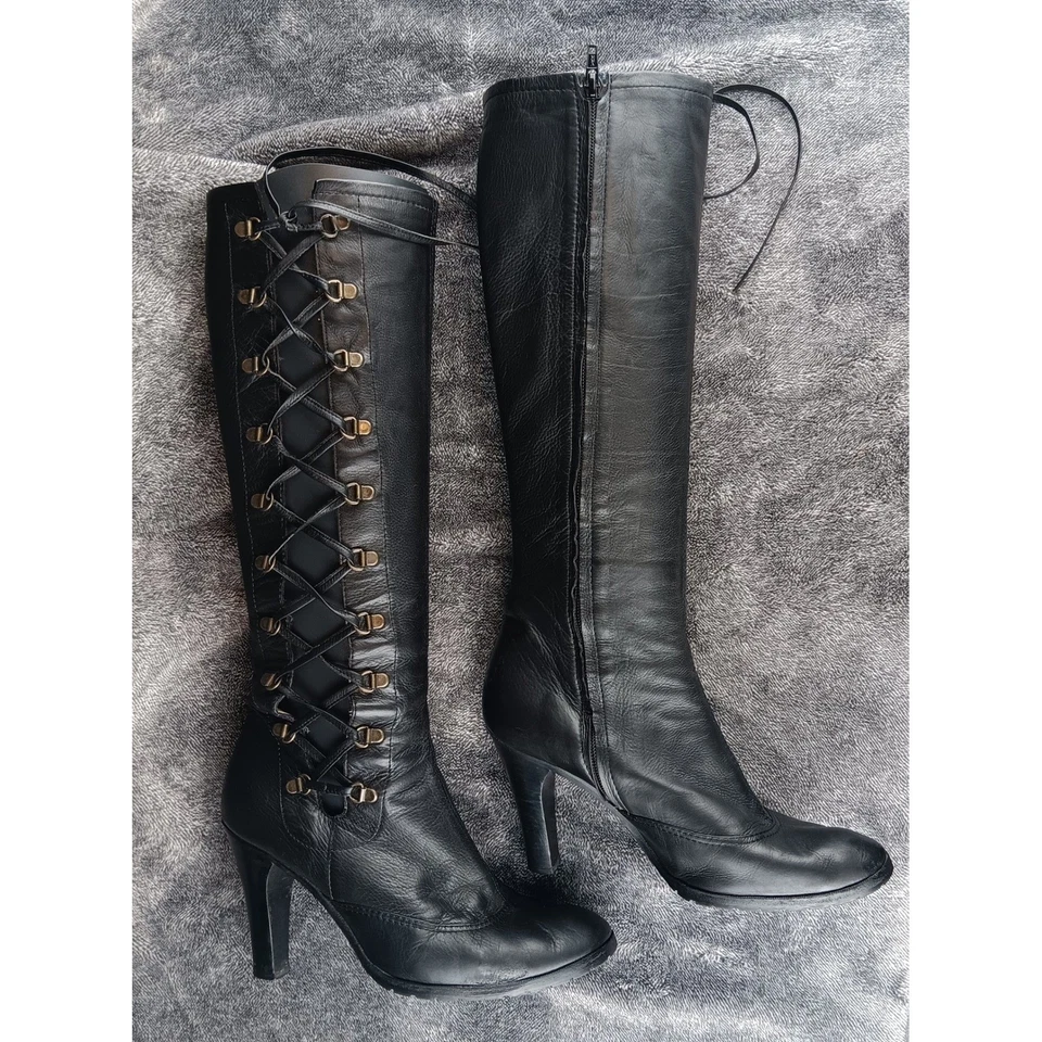 Marc Jacobs Black Leather Knee High Lace Up Side Zip Heeled Boots Size 10 - Image 3 of 4
