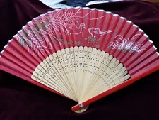 Vintage Genuine Handmade Wood & Silk Screenprinted Fan