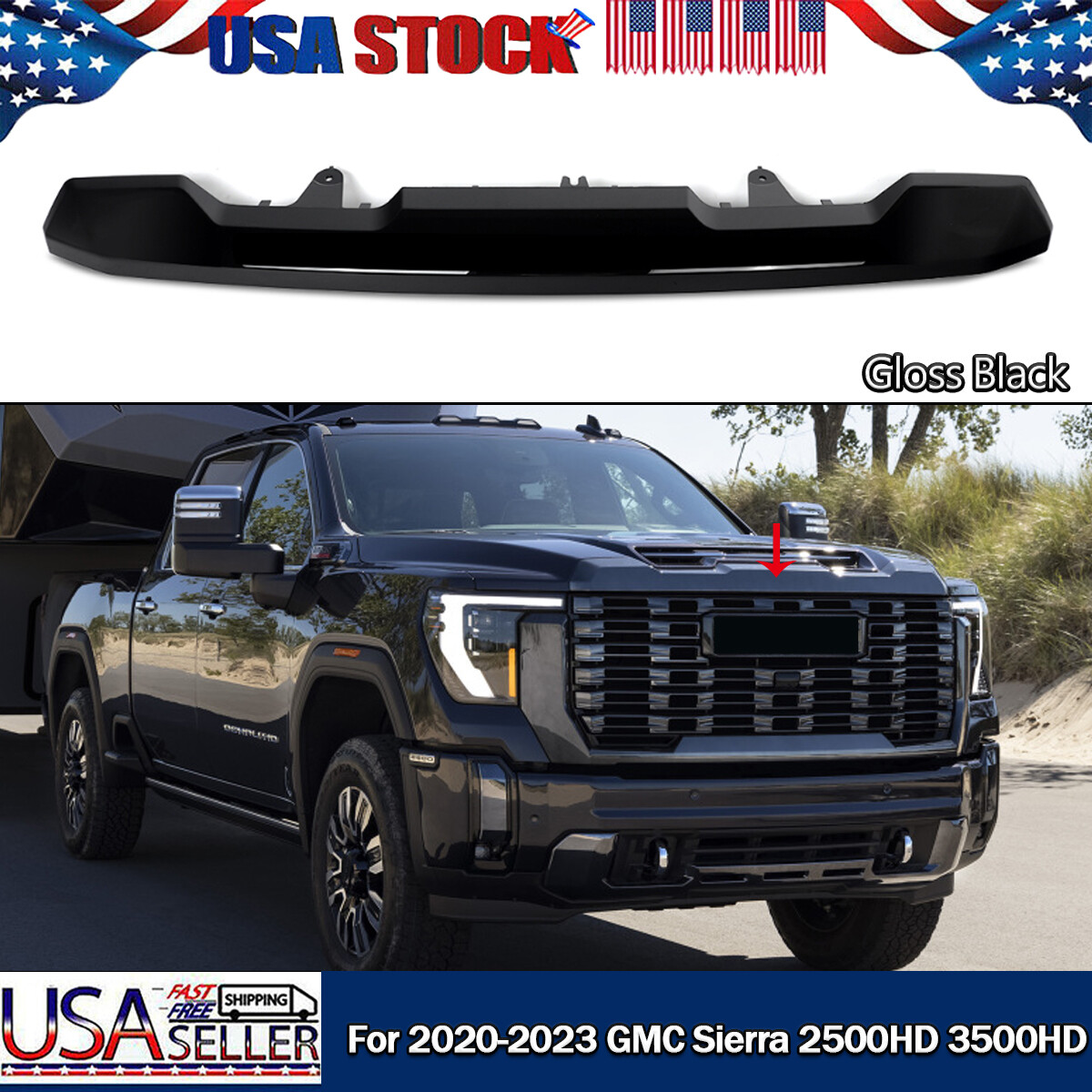 For 2020-23 GMC Sierra 2500HD 3500HD Front Upper Hood Bulge Molding Gloss Black