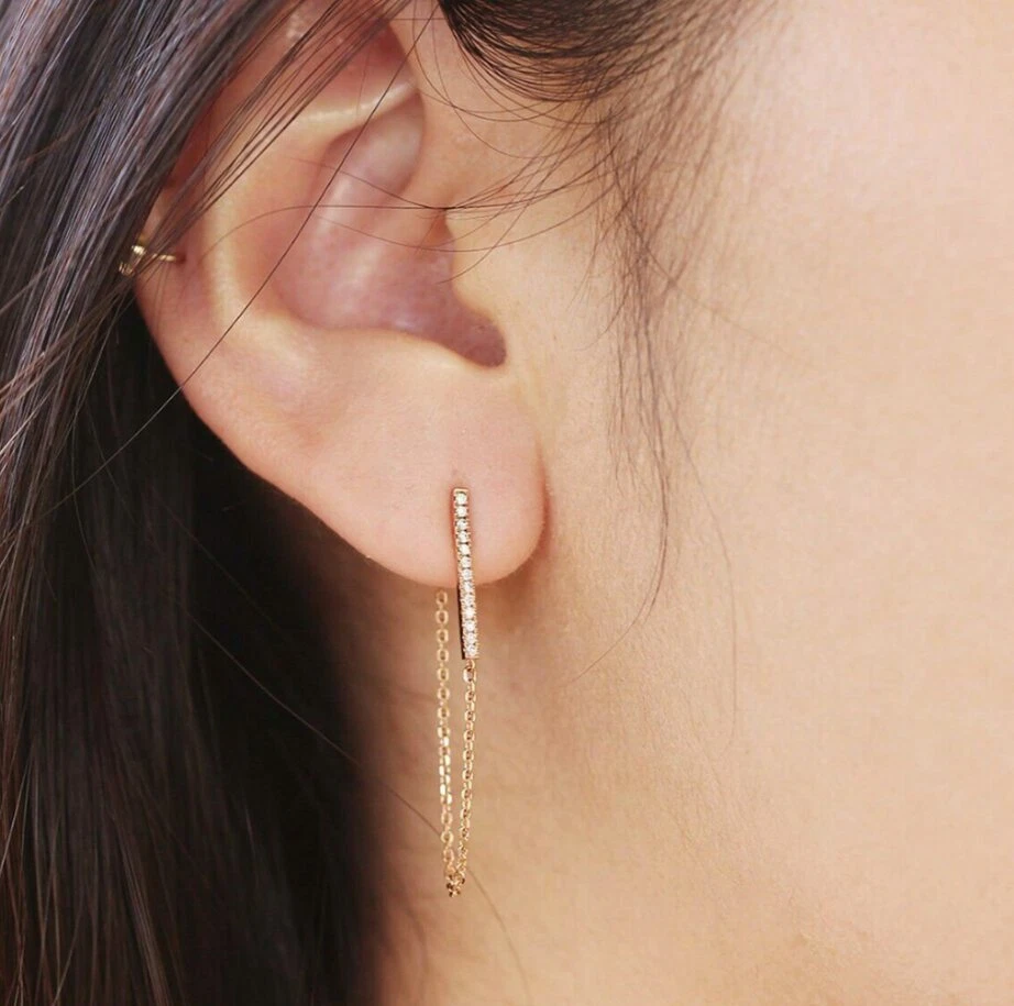 Pendiente colgante de cadena de barra de diamantes de oro macizo de 14K hecho a mano de oro de Navidad. Foto 2 de 4