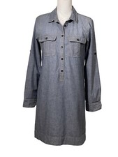 J CREW Blue Denim Dress 1/2 Button Front Roll Tab Long Sleeve Women’s Size S