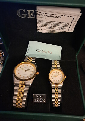 NIB Mens / Womens Geneva 2 Tone Analog Quartz Watch Set