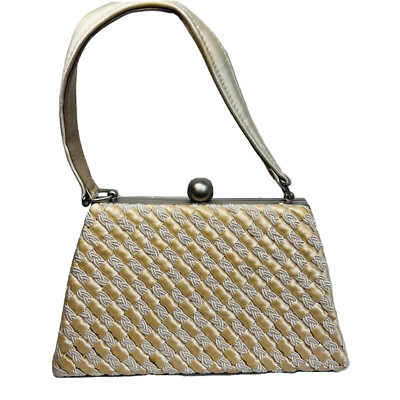 Inge Christopher Yellow Gold Cream Basketweave Hard Shell Purse Evening Bag
