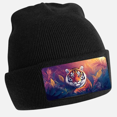 Black Beanie Hat with Cool King Tiger Motif - Unisex Cap, Cotton