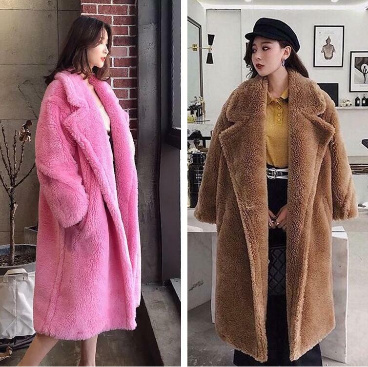 Abrigo cálido de piel de oveja de oso de peluche para mujer invierno suelto chaqueta larga de lana prendas de abrigo