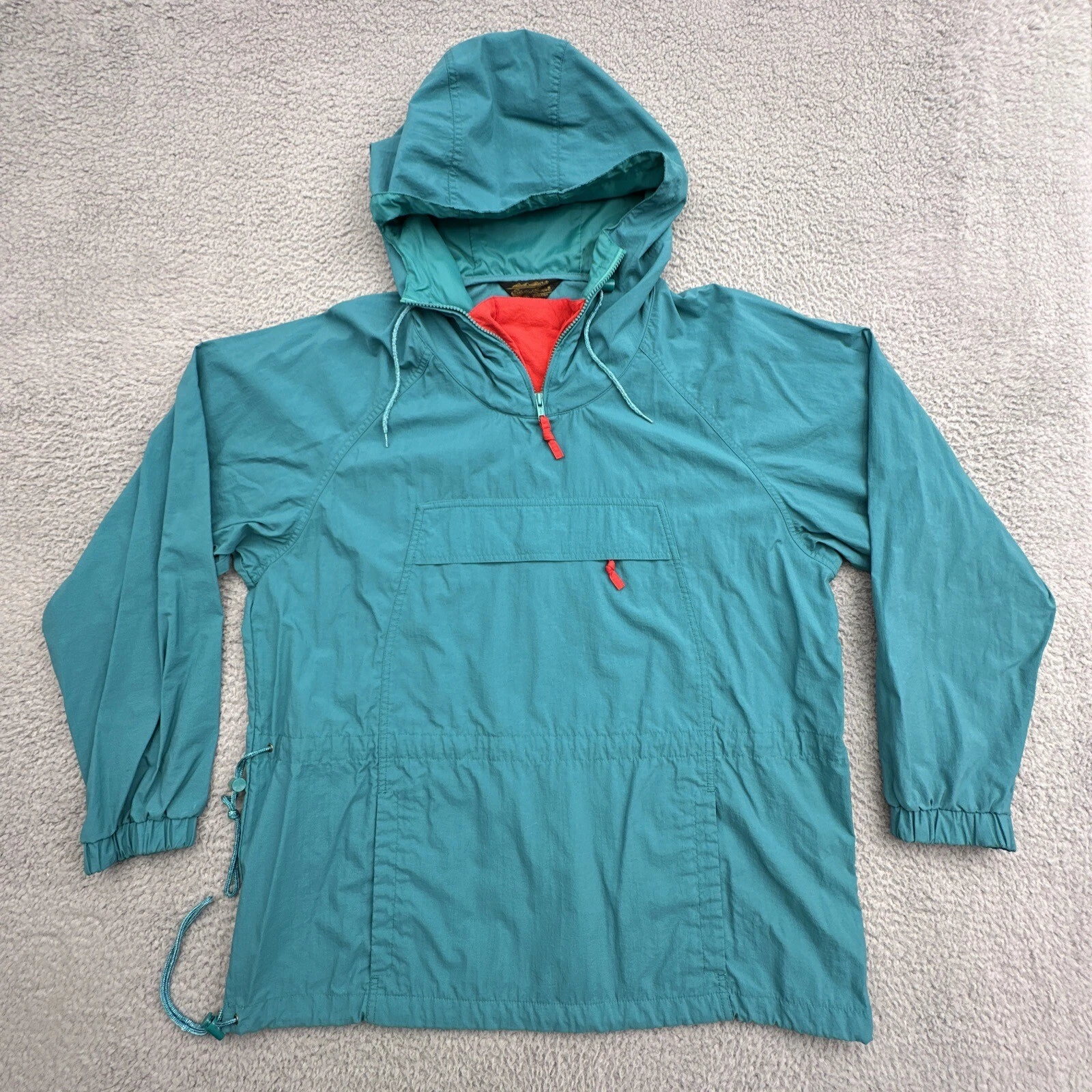 Vintage Eddie Bauer Men’s L 90s Teal Hooded Anorak Windbreaker Kangaroo Pocket