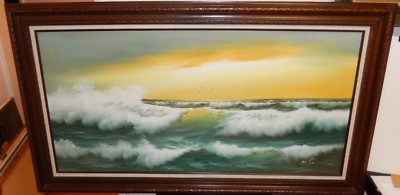 K.SAMUEL HUGE ORIGINAL OIL ON CANVAS SEASCAPE WAVES BIRDS SUNSET