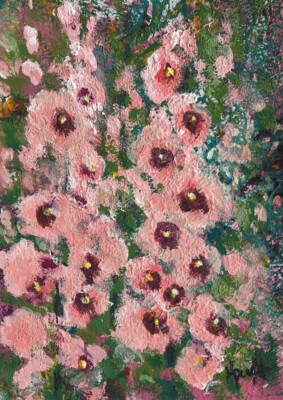 ACEO ATC Signed Art Print  Hollyhocks   Artist Trading Card Flowers Floral