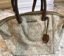 Michael Kors Beige Monogram Large Satchel Double Handles Strap Gold Bag Charm