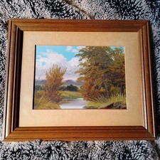 Vintage Country River Scene Framed Oil Painting Stream Nature Rural Art