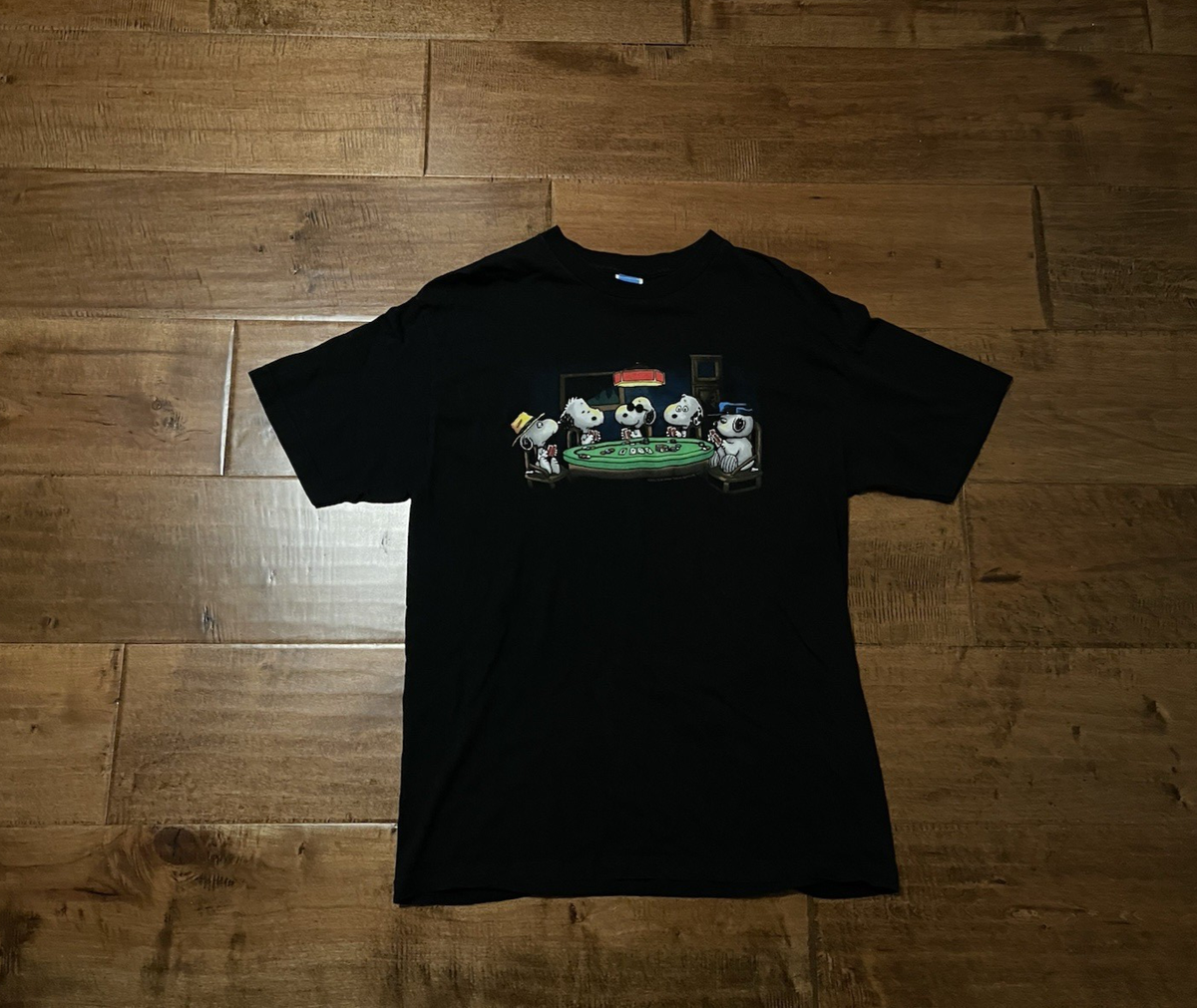Vintage Y2K Peanuts Snoopy Poker Game Card Night Black Tee T-Shirt