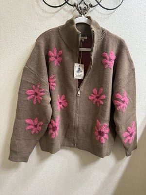 Easel Los Angeles Brown Sweater With Zip Front And Pink Flowers Size Small