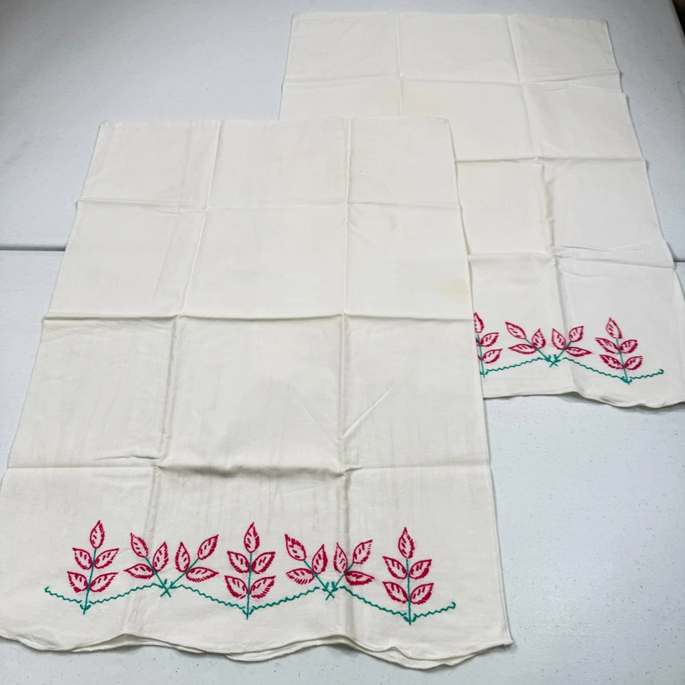 vintage pillowcase standard pair floral leaves embroidered mcm retro - Image 3 of 4
