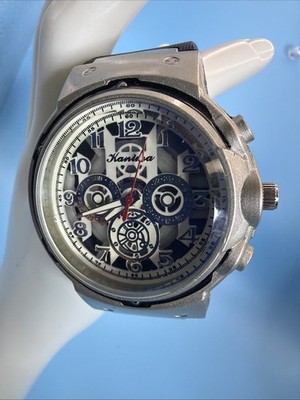 Kanima Men's Skeleton Watch Silver Case Black Rubber Strap New